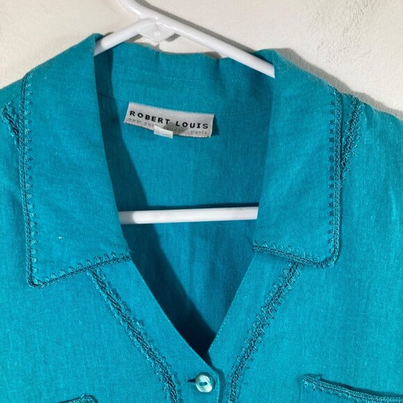 Womens Vintage Robert Louis Linen Button Shirt Embroidered M Turquoise - Picture 3 of 11